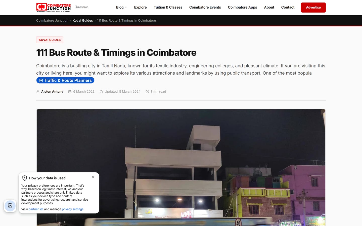 Coimbatore Junction page listing timings for the 111 bus route