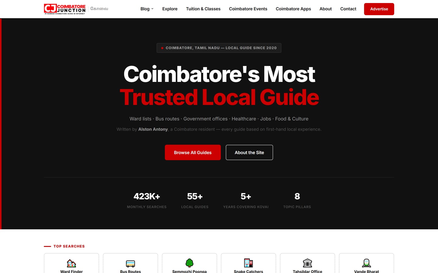 Coimbatore Junction homepage, headed Coimbatore's Most Trusted Local Guide, listing ward lists, bus routes, government offices, healthcare, jobs and food