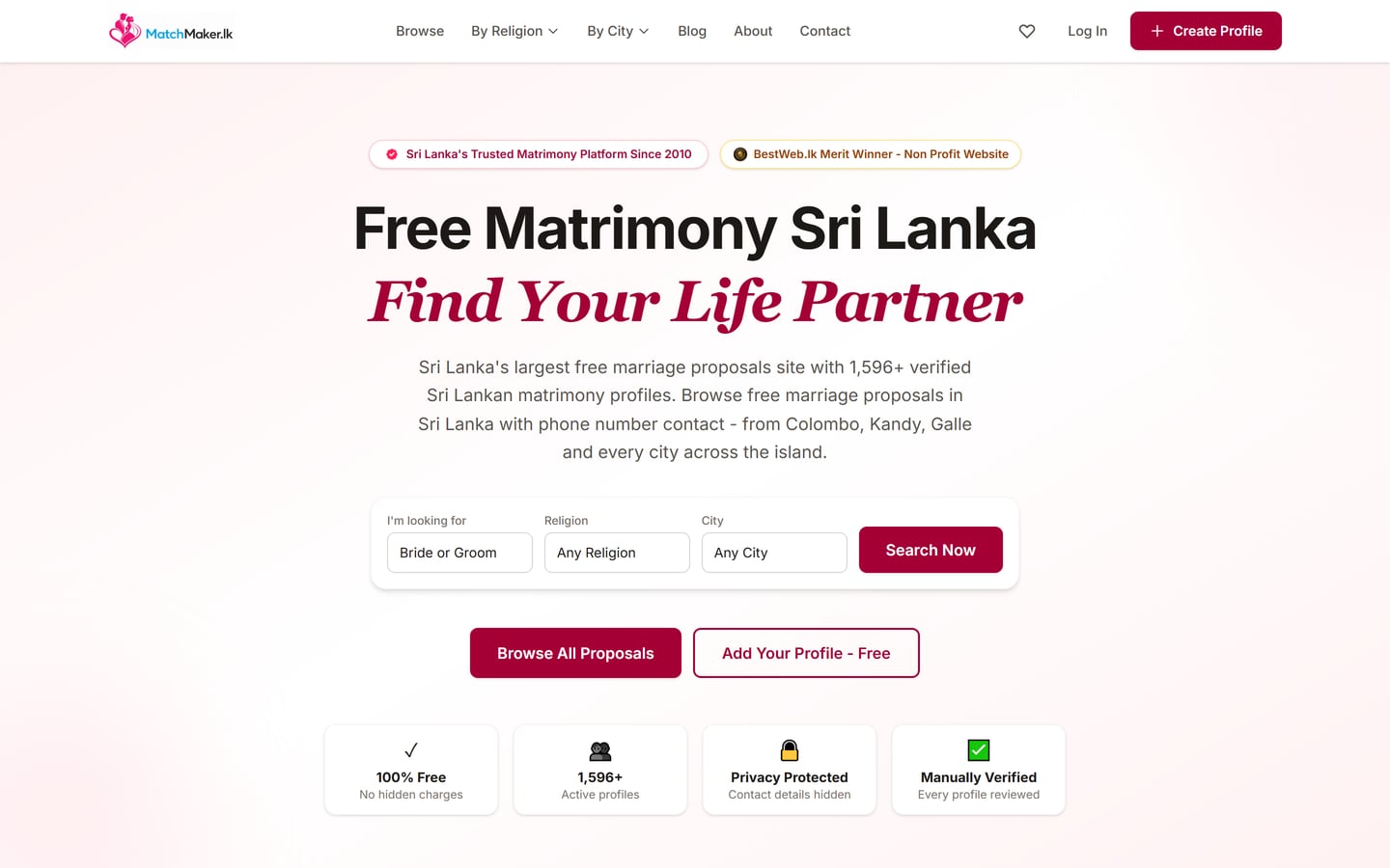 MatchMaker.lk homepage, a Sri Lankan marriage proposals marketplace with search and browse options