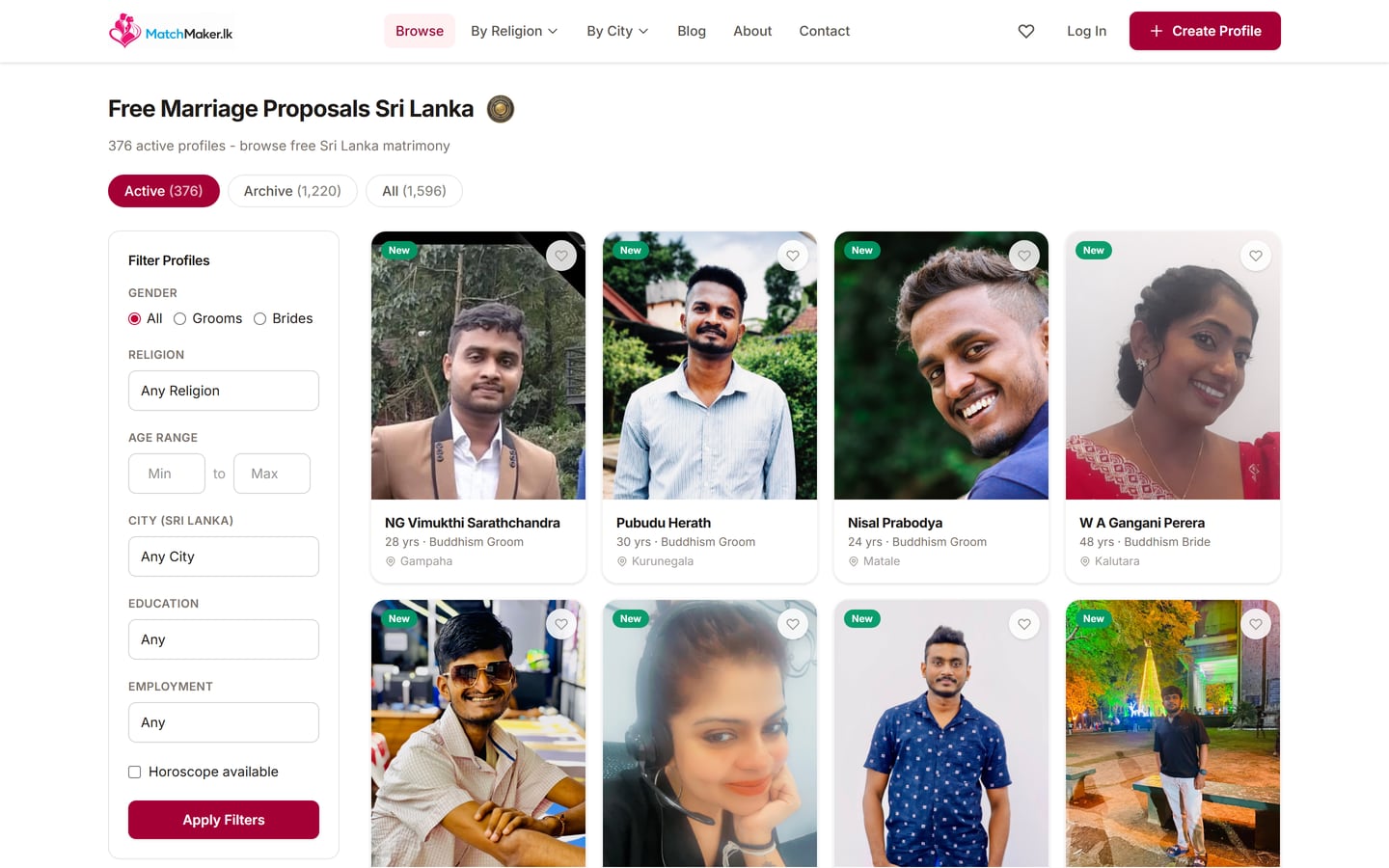 MatchMaker.lk proposals listing page showing marriage proposal entries