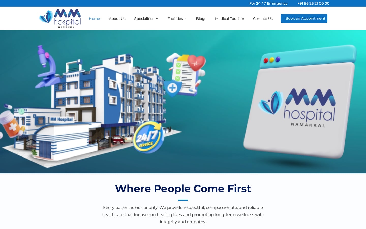 MM Hospital Namakkal homepage showing the hospital building illustration and a 24/7 service badge
