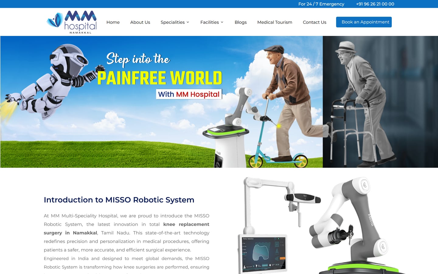 MM Hospital page for MISSO robotic knee replacement surgery, headed Step into the Painfree World