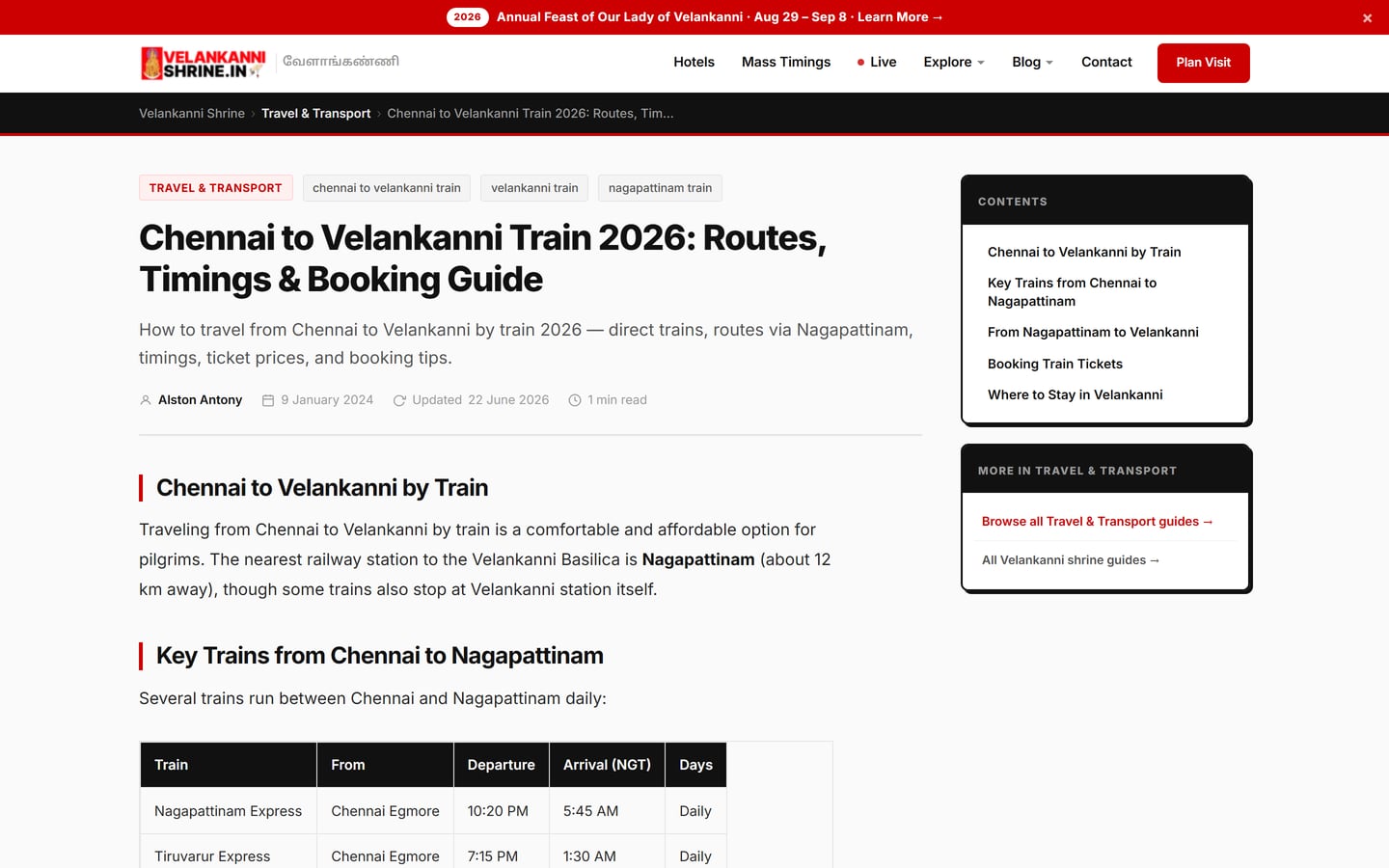 Velankanni Shrine page for trains from Chennai to Velankanni