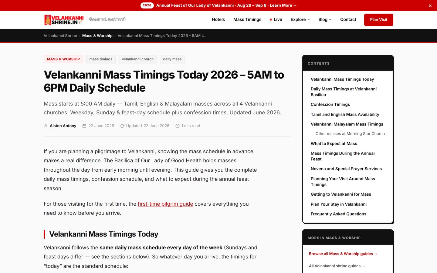 Velankanni church mass timings page listing service times in a table