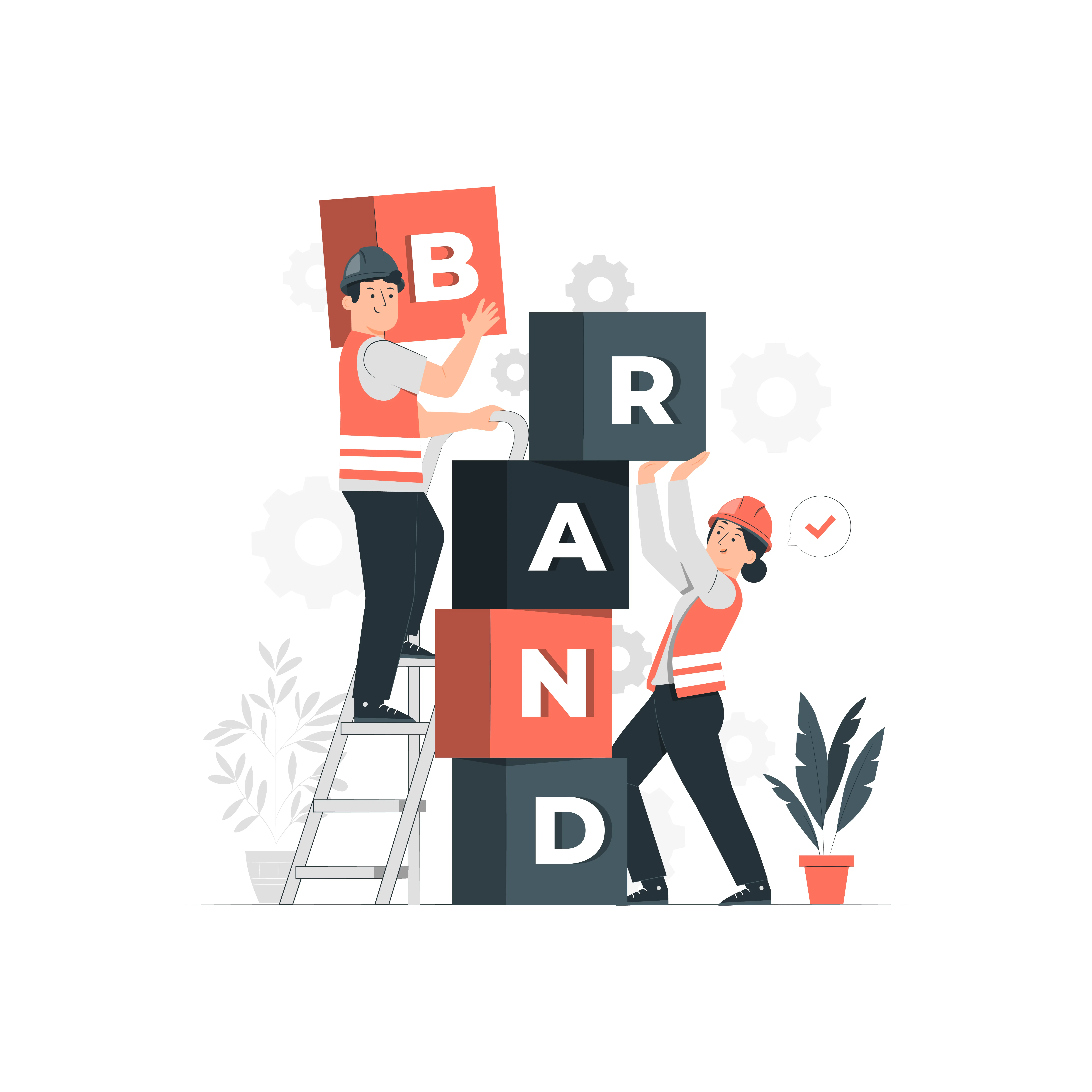 Two branding professionals building BRAND letter blocks on a ladder illustrating brand construction