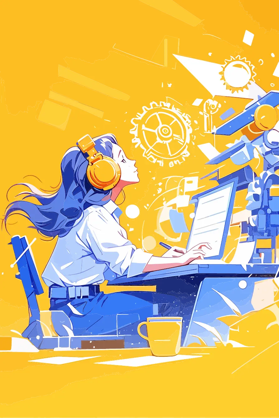 Creative designer with headphones working at computer with tech and branding design elements