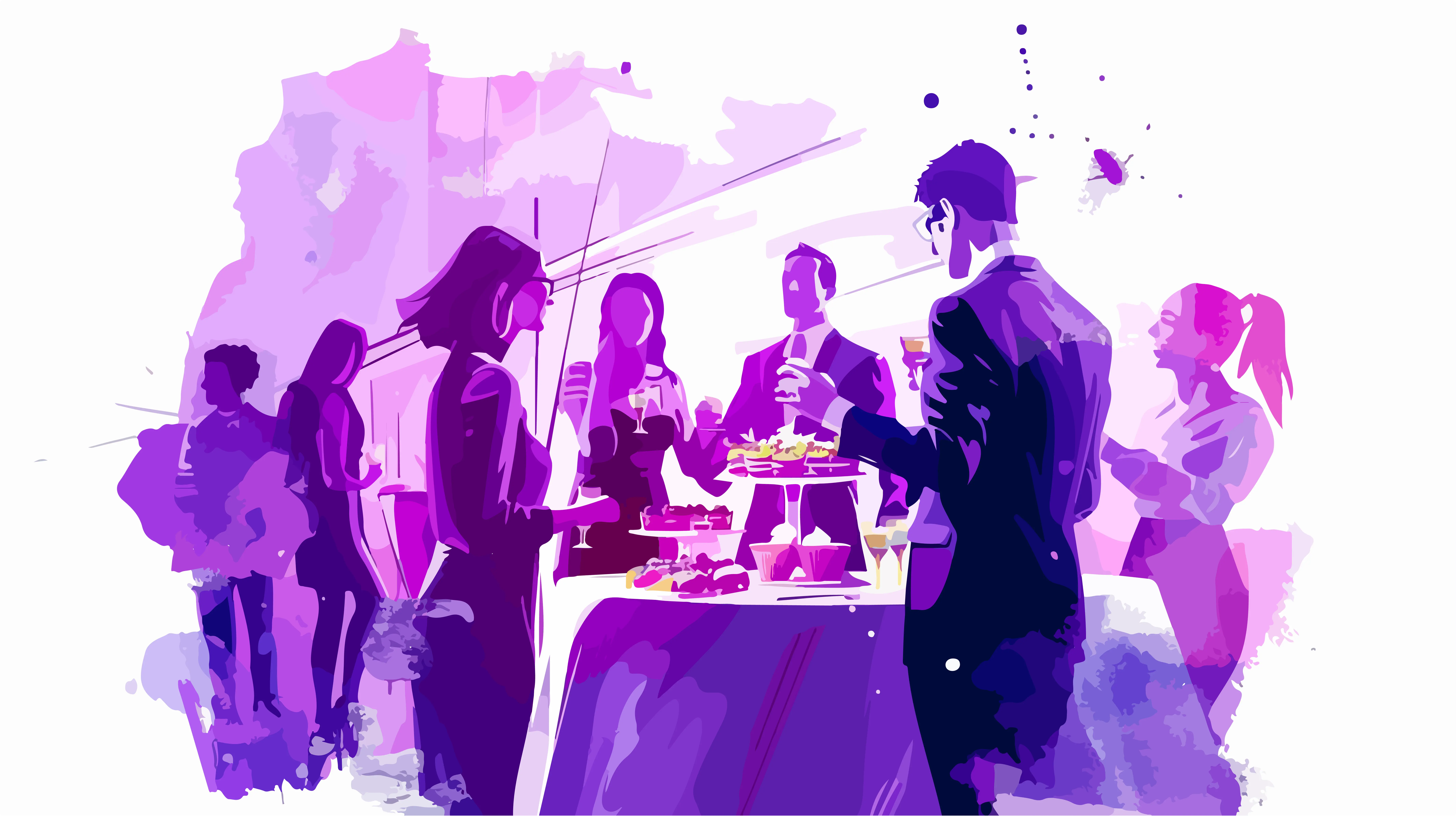 Elegant corporate networking event in purple watercolour style with professionals socialising