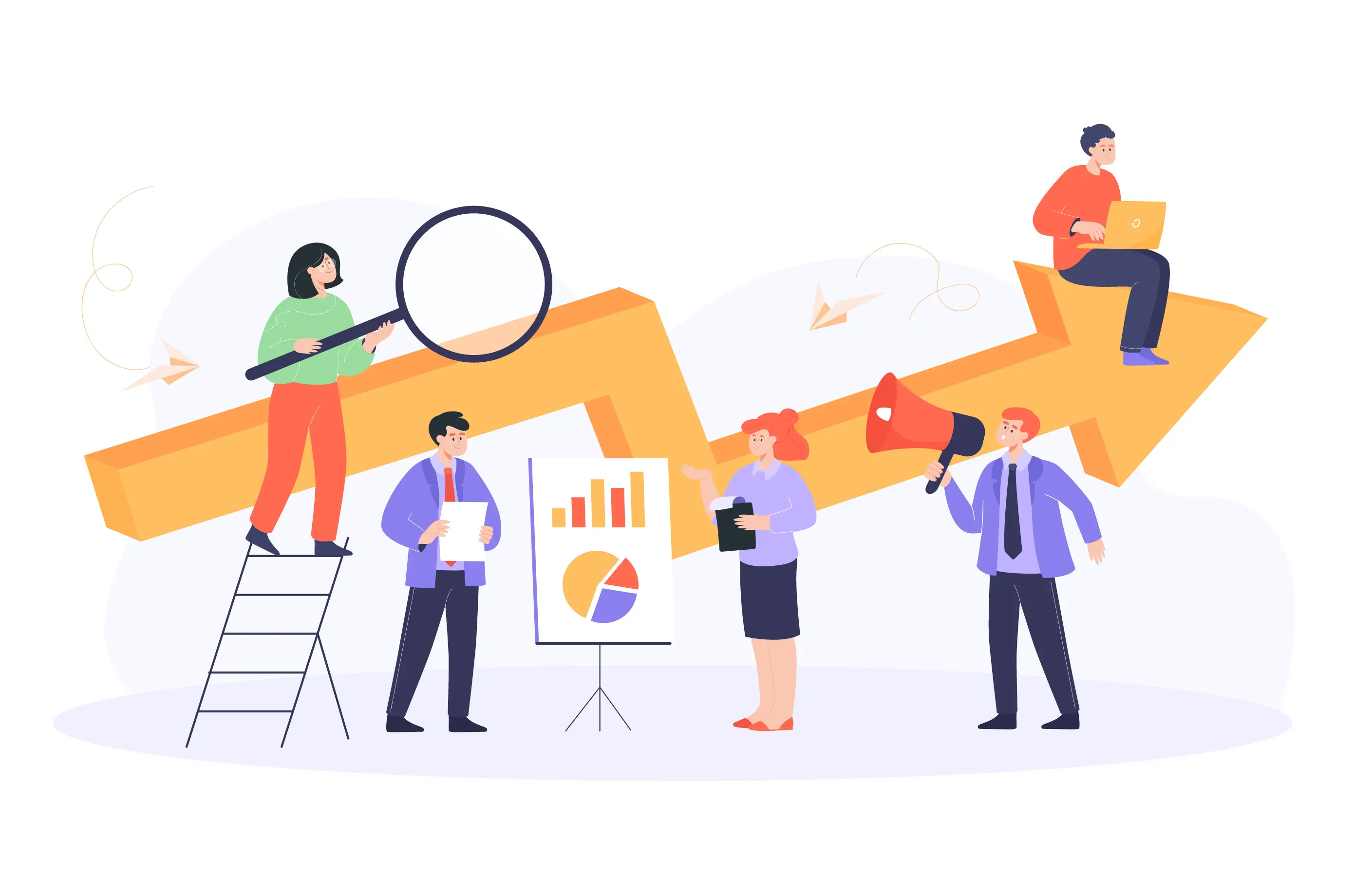 Business development team riding a growth arrow with analytics, search and marketing tools representing Coimbatore digital marketing