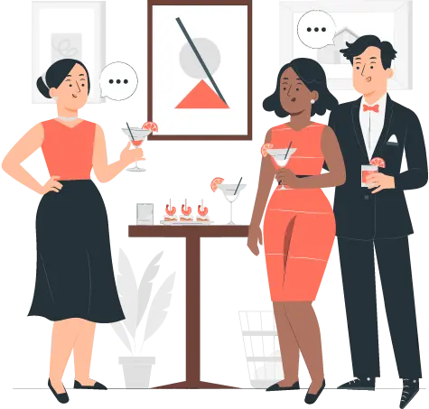 Dining and hospitality scene with elegantly dressed guests enjoying cocktails at a restaurant event