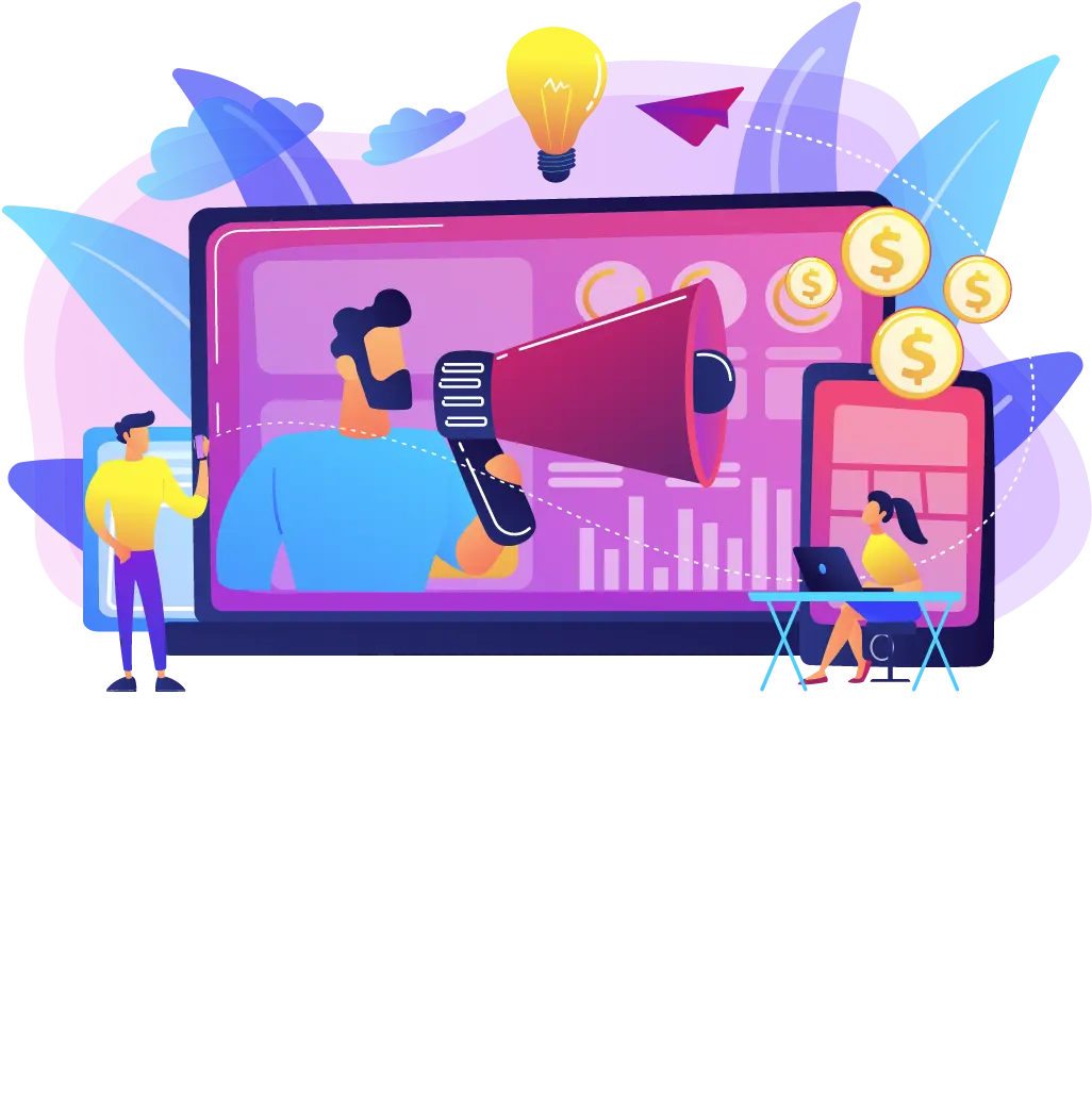 Performance marketing campaign on a large screen with megaphone, revenue coins and analytics charts