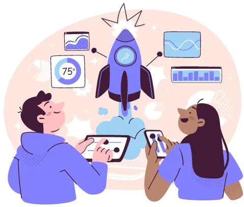 Two professionals launching a rocket with analytics dashboards representing local SEO growth in Coimbatore