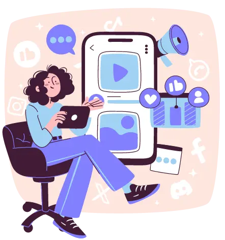 Social media manager with tablet surrounded by platform icons representing social media marketing services