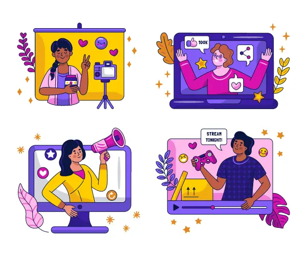 Content creators across video platforms showing likes, shares and streaming features